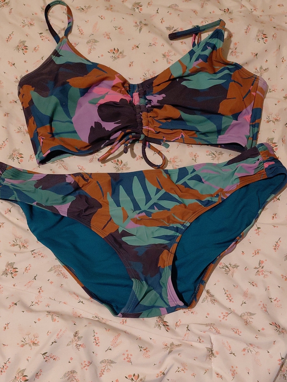 Shade & Shore Teal Multi-Color Leaf Print Two-Piece Bikini